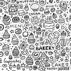 a black and white drawing of bakery related items