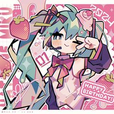 an anime character with blue hair holding a pink object in her hand and the words happy birthday written on it