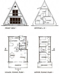 three different types of small houses with floor plans