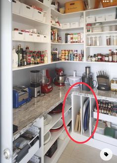 an open pantry with lots of food items on the shelves and in front of it is a red circle that appears to be circled by someone's hand