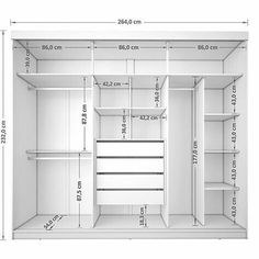 an open closet with measurements for the door and shelf space on each side is shown