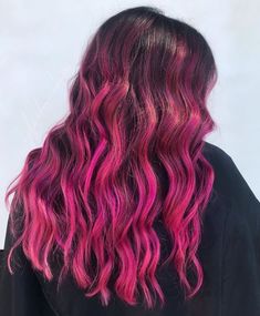 Dark Pink Balayage, Hot Pink Balayage, Draculaura Hair, Pink Hair Streaks, Dark Pink Hair, Red Hair Inspiration, Pink Hair Dye, Hot Pink Hair, Bar Setup