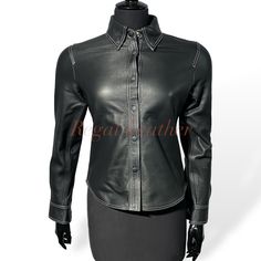 Premium Women's Black Lambskin Leather Shirt - Genuine Leather for Her | Handcrafted Leather Shirt for Women | Stylish Leather Apparel Condition: Brand New. Material: 100% Real Lambskin Leather. Colors: Black. Size Details: Kindly Refer Size Chart & Size Guide Below. Size Query: If you do not find your Size in Size Chart we do make custom-sizing. Inside: Soft Smooth. We are using the best quality leather in our all products. Our products are made of 100% Genuine Lambskin leather. You will be ple Fitted Leather Long Sleeve Tops, Fitted Long Sleeve Leather Top, Black Leather Collared Top, Classic Fitted Leather Tops, Fitted Classic Leather Tops, Fitted Classic Leather Top, Fitted Black Leather Tops, Shirt For Women Stylish, Shirts For Women Stylish