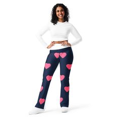 Flare leggings LOVE, Heart Print Leggings, Happy Leggings, High Waisted Yoga Leggings AOP, Leggings, Pink Heart Leggings, Punk Rock Leggings. Introducing our Flare Leggings LOVE, a stylish and comfortable addition to your wardrobe. These leggings feature a heart print design that adds a touch of playfulness to any outfit. Made with high-quality materials, these leggings are perfect for yoga sessions, casual outings, or simply lounging at home. The high-waisted design provides a flattering fit wh Love Leggings, Heart Leggings, Trendy Leggings, High Waisted Yoga Leggings, Rose Leggings, Yoga Session, Print Leggings, Flare Leggings, Trendy Tops