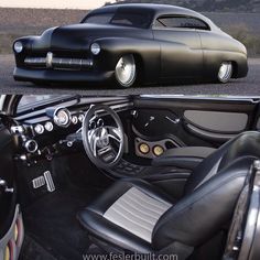 two pictures of the interior and dashboard of a classic car, one in black with chrome trim