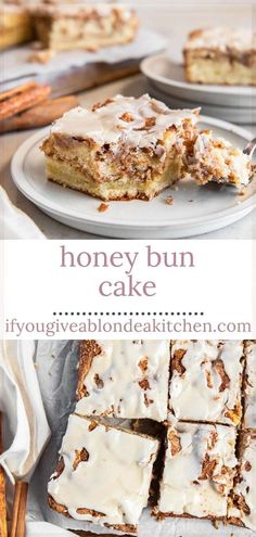 honey bun cake with white frosting on top and cinnamon sticks around the edges in front