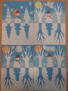 four snowmen are depicted in blue and white paper