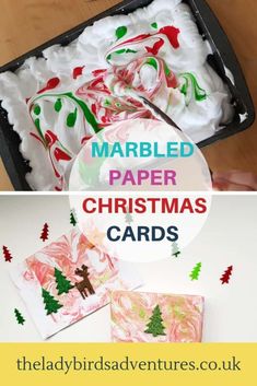 homemade marbled paper christmas cards with text overlay that reads marbled paper christmas cards