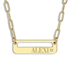 A lustrous high-polish, personalized pendant is accented with a brilliant round diamonds and displays your name proudly in the center of this stylish women's necklace. Fashioned in yellow gold-plated sterling silver, the 18-inch paperclip chain secures in place with a lobster clasp. Personalize with up to 8 characters and one line of engraving. Modern Diamond Necklace With Accents As A Gift, Modern Necklace With Diamond Accents For Anniversary, Modern Necklaces With Diamond Accents For Anniversary, Classic Gold Diamond Name Necklace, Classic Personalized White Gold Diamond Necklace, Modern Necklace With Diamond Accents As A Gift, Modern Necklace With Diamond Accents For Gift, Classic Diamond Nameplate Jewelry, Classic Diamond-accent Name Necklace For Anniversary