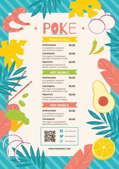 the menu for poke bowl is shown in this image, with colorful leaves and fruits around it