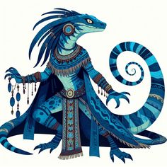 a drawing of a blue creature with long hair and beads on it's body