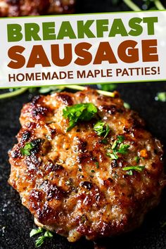 a close up of a burger on a plate with the words breakfast sausage written above it