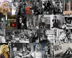 black and white collage with many different pictures including women's clothing, men's clothes, and children's toys