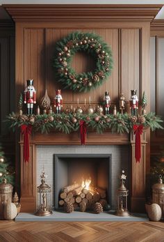 a fireplace decorated with christmas decorations and wreaths