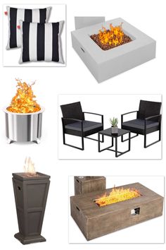 an assortment of outdoor furniture and accessories including fire pit, chairs, table, pillows