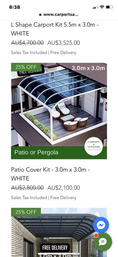 an advertisement for a patio cover with the price tag on it and prices in different languages