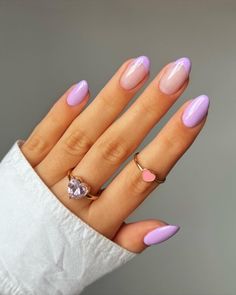 10 Creative and Trendy Short Nail Designs in Purple That Will Make You Click! Colorful Acrylic Nails Almond, End Of Spring Nails, Dip Nail Polish Ideas, Color Tip Acrylic Nails, Spring Trendy Nails Almond, Graduation Nails Acrylic French Tips, Mismatched French Tip Nails, Colorful Almond French Tip Nails, Short Gel Nails Summer Almond