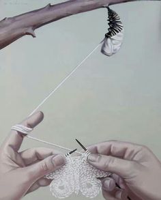 a painting of two hands holding a piece of white yarn with a caterpillar attached to it