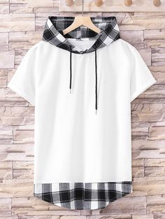 White Preppy  Short Sleeve Polyester Plaid   Slight Stretch Summer Men Tops White Short Sleeve Shirt, Shirt Aesthetic, Fashion Design Drawings, Christian Clothing