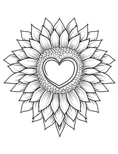 a black and white drawing of a sunflower with a heart in the center on it