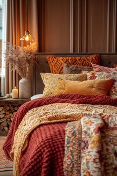 a bed with red and gold comforter next to a window in a room filled with furniture