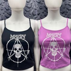 This is a official Misery crop tank top with spaghetti straps. This has a Misery image screen printed on the front. In choice of black and pink tank tops. 57% cotton/ 38% polyester/ 5% Spandex These are handmade screenprinted and slightly vary from the photo. Please feel free to email me any questions. Thanks for looking. Due to an influx of incorrect addresses if a package is returned, you must pay the shipping cost to resend the item to you. I do not do exchanges and I do not take returns unle Punk Style Cotton Crop Top For Concerts, Alternative Style Cotton Crop Top For Summer, Punk Cotton Crop Top For Concerts, Emo Sleeveless Top For Concert, Emo Style Sleeveless Cotton Top, Emo Style Sleeveless Tank Top For Summer, Edgy Tank Top With Tank Straps For Streetwear, Emo Style Sleeveless Summer Tops, Sleeveless Grunge Crop Top For Alternative Fashion