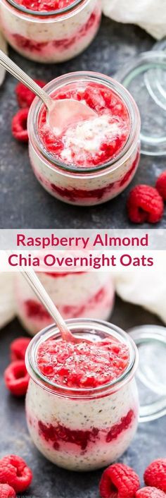 raspberry almond chia overnight oats in small glass bowls