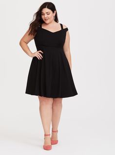 Black Cold Shoulder Skater Ponte Dress, DEEP BLACK Black Dress For Juniors, Mini Studio, New Street Style, Dresses Bodycon, Ponte Dress, Active Outfits, Daytime Dresses, Plus Size Black, Dresses Cocktail