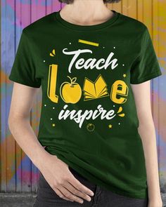 a woman wearing a t - shirt that says teach inspire