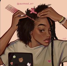 a drawing of a woman combing her hair with an electronic device in front of her