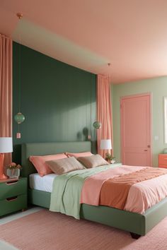 a bedroom with green walls and pink curtains