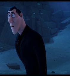 the animated character is looking at something in front of his face and eyes, while he stands