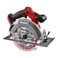 a red and black circular saw on a white background