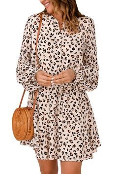 Leopard Print Shirt Mini Dress Casual Long Sleeve Mini Dress For Day Out, Casual V-neck Shirt Dress For Fall, Casual Beige Long Sleeve Mini Dress, Casual Beige Shirt Dress For Fall, Casual Mini Dress For Fall, Casual Beige Long Sleeve Shirt Dress, Casual Beige Collared Mini Dress, Casual Mini Length Shirt Dress, Casual Beige Shirt Dress With Relaxed Fit