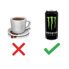 a can of monster energy next to a cup of coffee and saucer with beans