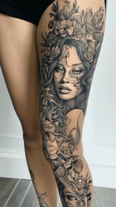 tattoo Womens Floral Back Tattoos, Women Tattoos On Leg, Leg Portrait Tattoo Women, Back If Leg Tattoos Women, Greek Mythology Leg Sleeve Women, Unique Sleeve Tattoos For Women Ideas, Ladies Leg Sleeve Tattoo, Spiritual Leg Sleeve Tattoo, Japanese Tattoo Women Leg