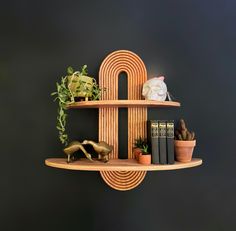 a wooden shelf with books, plants and other items on it against a black wall