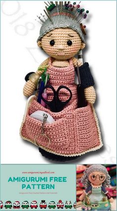 a crocheted doll with scissors and other items in it's pocket, sitting next to an advertisement for the amigurmi free pattern