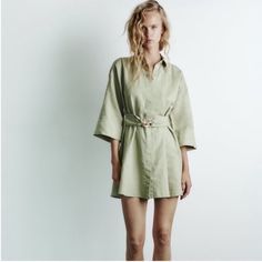 Sage Green Color | Size: Xs | Cotton And Linen Blend | New Without Tags Sage Green Color, Belted Shirt Dress, Dress Belt, Mini Shirt Dress, Khaki Green, Large Size Dresses, Belted Dress, Zara Dresses, Button Placket