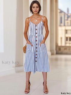 Katykey - Elegant Striped Button Front Spaghetti Dress with Boho Backless Cami Design - Womens Fashion Piece Chic Beach Sundress With Buttons, Summer Sundress With Spaghetti Straps And Buttons, Casual Dresses With Spaghetti Straps And Button Closure, Beach Sundress With Spaghetti Straps And Buttons, Spaghetti Strap Sundress With Buttons For Beach, Beach Sundress With Buttons, Summer Dresses With Spaghetti Straps And Buttons, Summer Vacation Button-up Sundress, Buttoned Midi Sundress For Beach