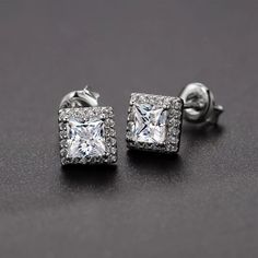 Princess Cut Moissanite Halo Stud Earrings Princess Cut Halo, Princess Cut Moissanite, Halo Stud Earrings, Stud Earrings For Men, Halo Earrings Studs, Moissanite Earrings, Square Earrings Studs, Moissanite Jewelry, Square Stud