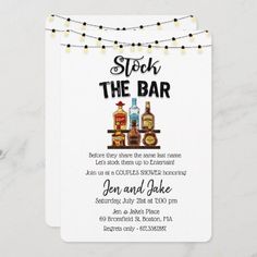 an image of a bar party card with lights on the string and liquor bottles in front