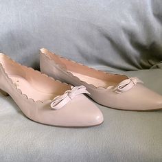 Beautiful Flats With A Great Scalloped Design And A Cute Bow. Leather Upper, With Rubber Outsole. Pink Round Toe Ballet Flats For Spring, Pink Closed Toe Ballet Flats For Spring, Pink Slip-on Ballet Flats For Spring, Spring Pink Closed Toe Ballet Flats, Feminine Slip-on Flats For Spring, Pink Ballet Flats For Spring, Pink Spring Ballet Flats, Spring Pink Ballet Flats With Flat Heel, Feminine Leather Heels With Round Toe