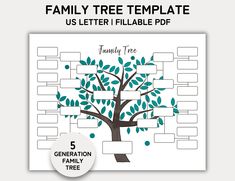 the family tree template is shown in blue and white with green leaves on it's branches