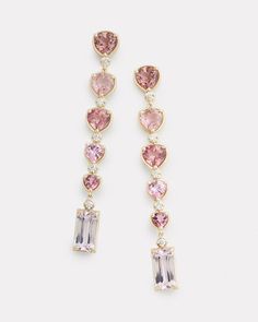 18K Yellow Gold Ombré Pear Shape and Emerald Cut Drop Earrings with Pink Tourmaline, Kunzite and Diamonds, .3 TCW 2 1/4 Inches Long x 1/4 Inch Wide Style# YEOWPPTW Luxury Pear-shaped Pink Earrings, Emerald Cut Drop Earrings, Pink Earrings, Pink Tourmaline, Pear Shape, Cute Jewelry, Emerald Cut, Pear Shaped, Tourmaline