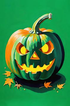 a painting of a jack - o'- lantern pumpkin on a green background with leaves