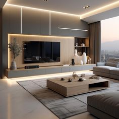 a living room with couches, tables and a large tv on the wall in it