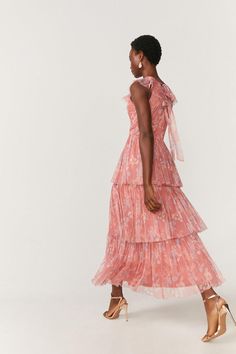 Floral Ruffle Tier Maxi Dress Formal Summer Dresses With Tiered Skirt, Tiered Maxi Dress For Spring Formal, Tiered Floral Print Party Dress, Elegant Floral Ruffle Dress For Evening, Elegant Ruffle Dress For Garden Party With Tiered Skirt, Elegant Floral Dress With Ruffles For Evening, Chic Pink Tiered Skirt Dress, Elegant Tiered Spring Dresses, Elegant Tiered Dress For Garden Party