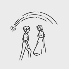 a drawing of two people standing next to each other with the sun in the background