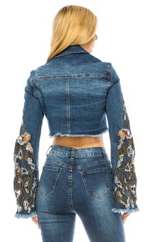 Cropped Denim Jacket with Embroidery stretched long sleeve and good stretch premium denim. SIZE+FIT Model Measurements Vie Size on Model S Height 5'7" Bust 34" Waist 27" Hips 37.5 Denim Cropped Jacket, Jacket With Embroidery, Purple Candy, Cropped Denim Jacket, Jeans Women, Cropped Jacket, Good Stretches, Cropped Denim, Premium Denim